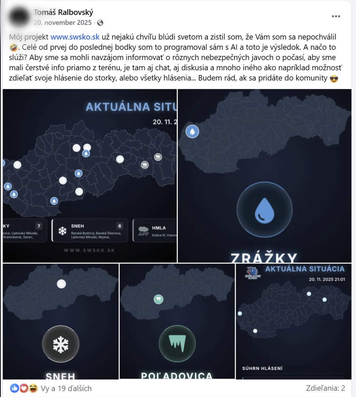 Screenshot - zakladateľ Severe Weather Slovakia priznáva programovanie swsko.sk pomocou AI - Facebook príspevok